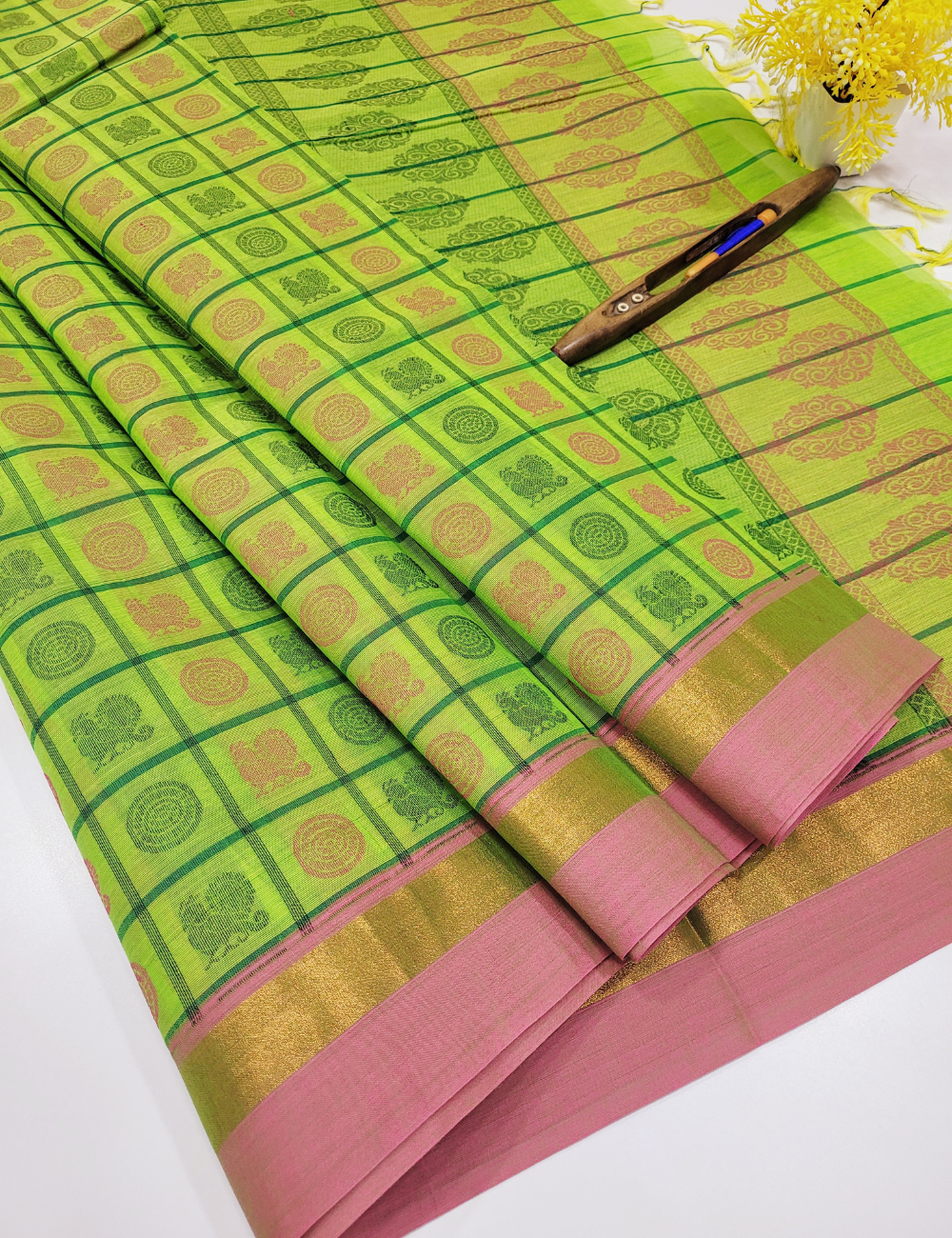 Fluorescent Green Charm – 80s Count Pure Cotton Saree with 1000 Putta Weaving
