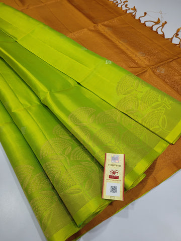 Light Green with Orange Soft Silk Saree with Self Turning border