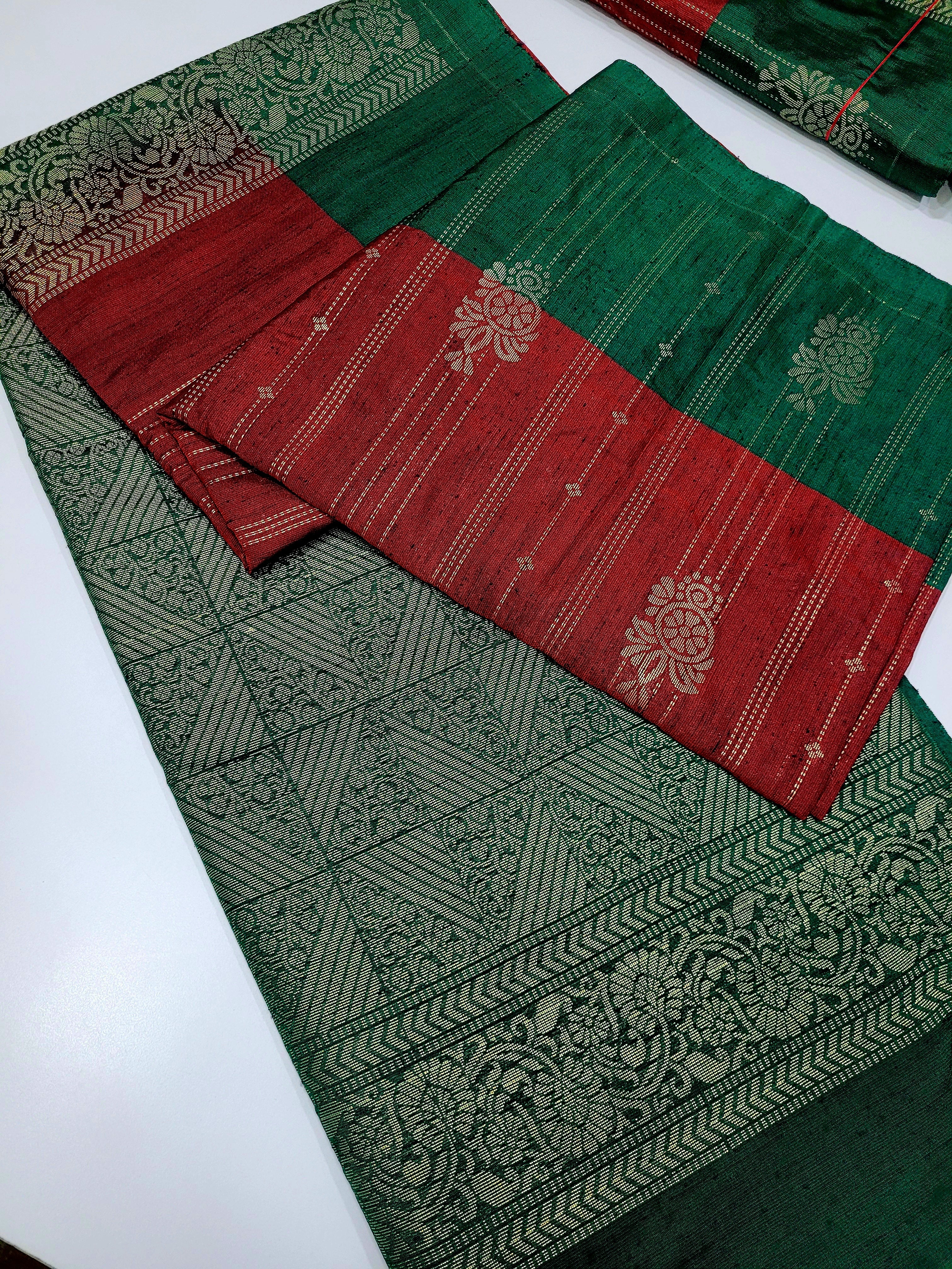 Majestic Maroon with Emerald Green – Dubion Semi Soft Silk Saree