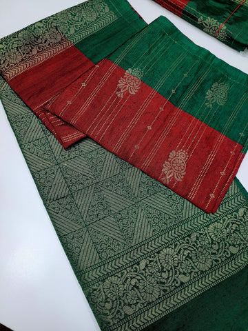Majestic Maroon with Emerald Green – Dubion Semi Soft Silk Saree