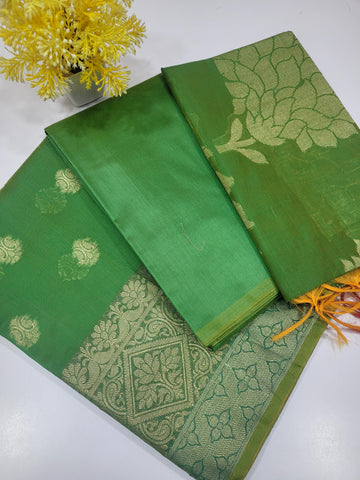Green Handloom Silk Cotton Unstitched Salwar Set with Traditional Border & Brocade Shawl – 3PC Function Wear