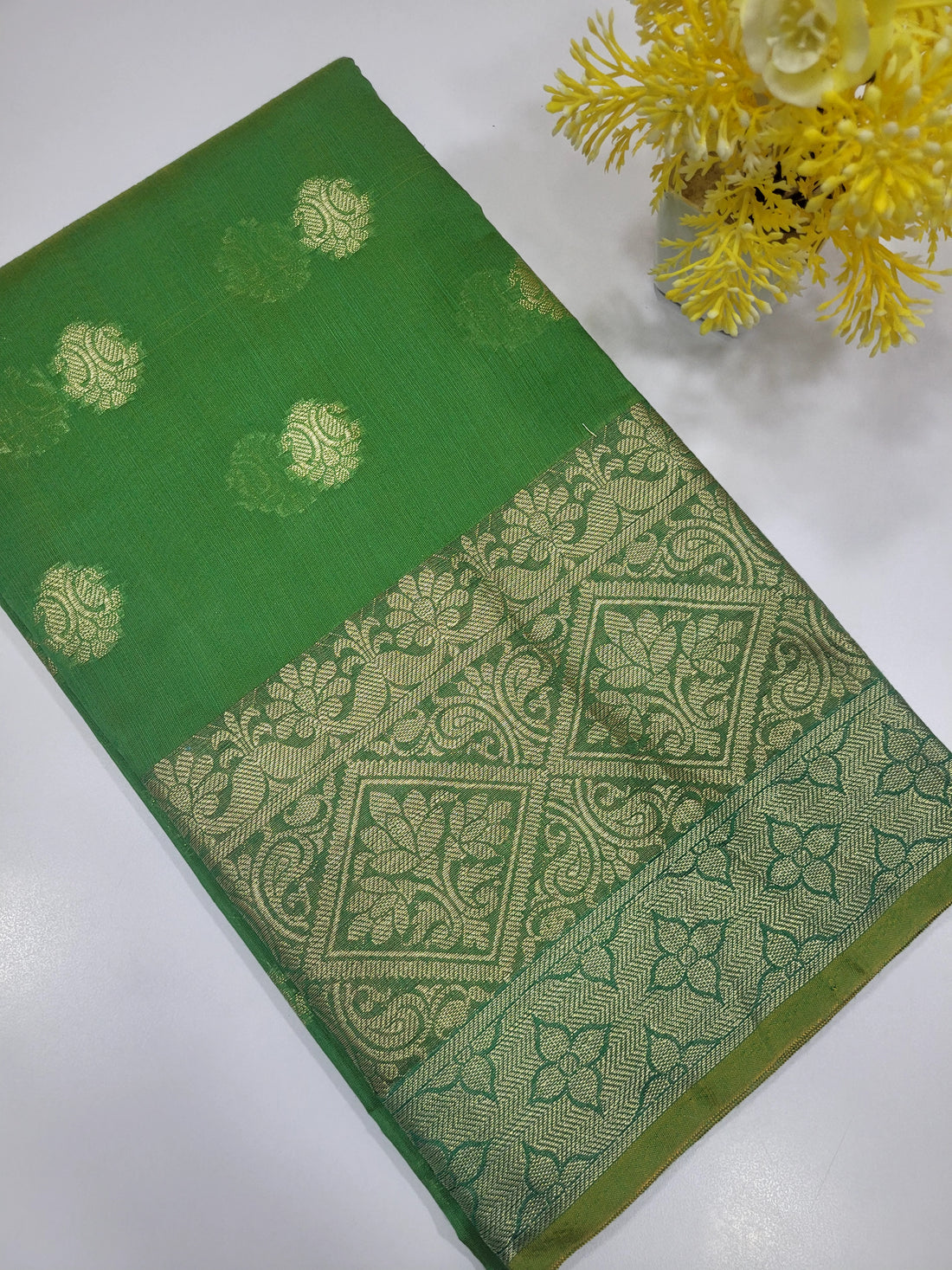 Green Handloom Silk Cotton Unstitched Salwar Set with Traditional Border & Brocade Shawl – 3PC Function Wear
