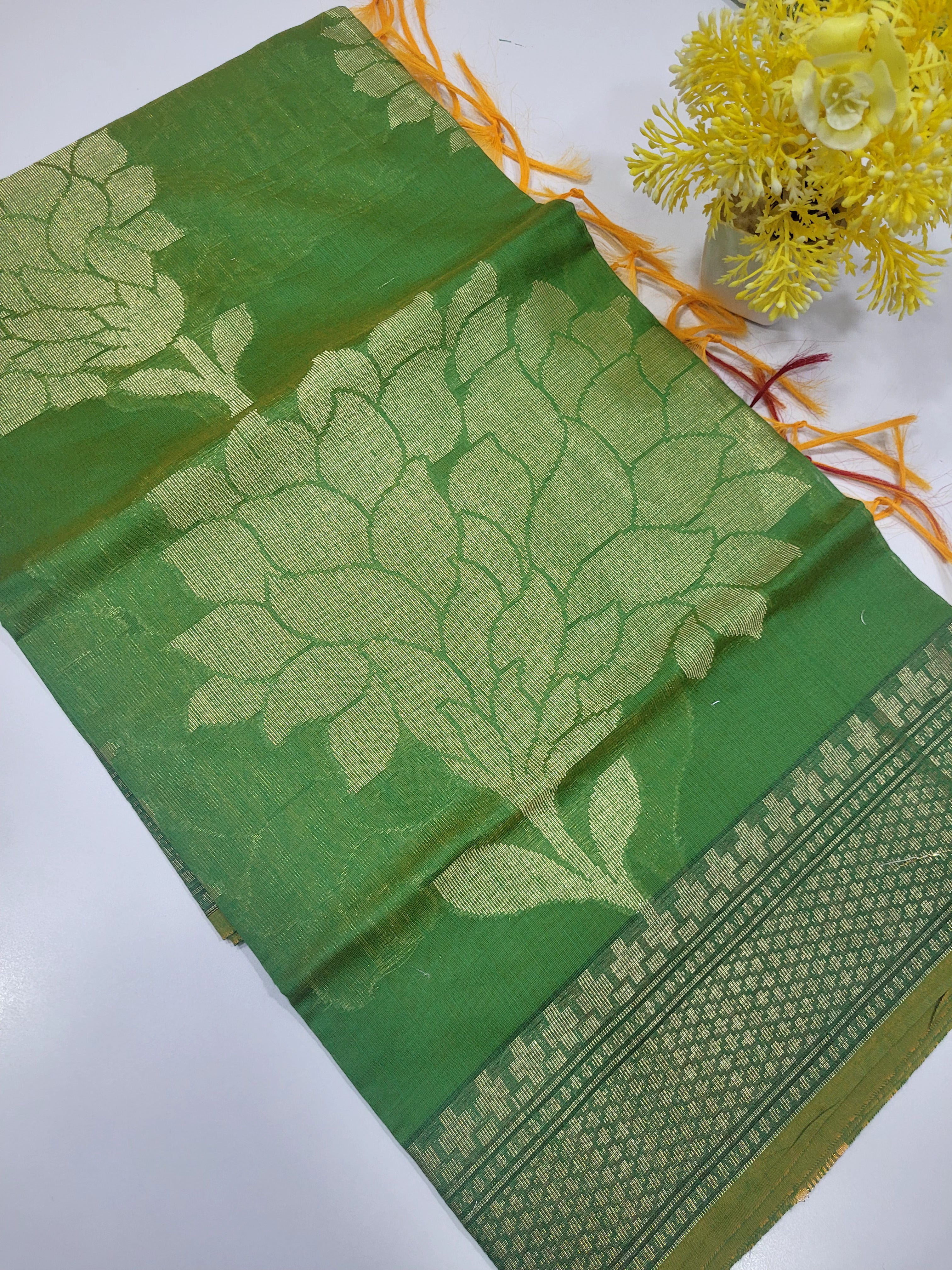 Green Handloom Silk Cotton Unstitched Salwar Set with Traditional Border & Brocade Shawl – 3PC Function Wear