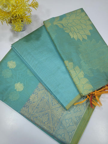 Dual Tone Sea Blue Handloom Silk Cotton Unstitched Salwar Set with Traditional Border & Brocade Shawl – 3PC Function Wear