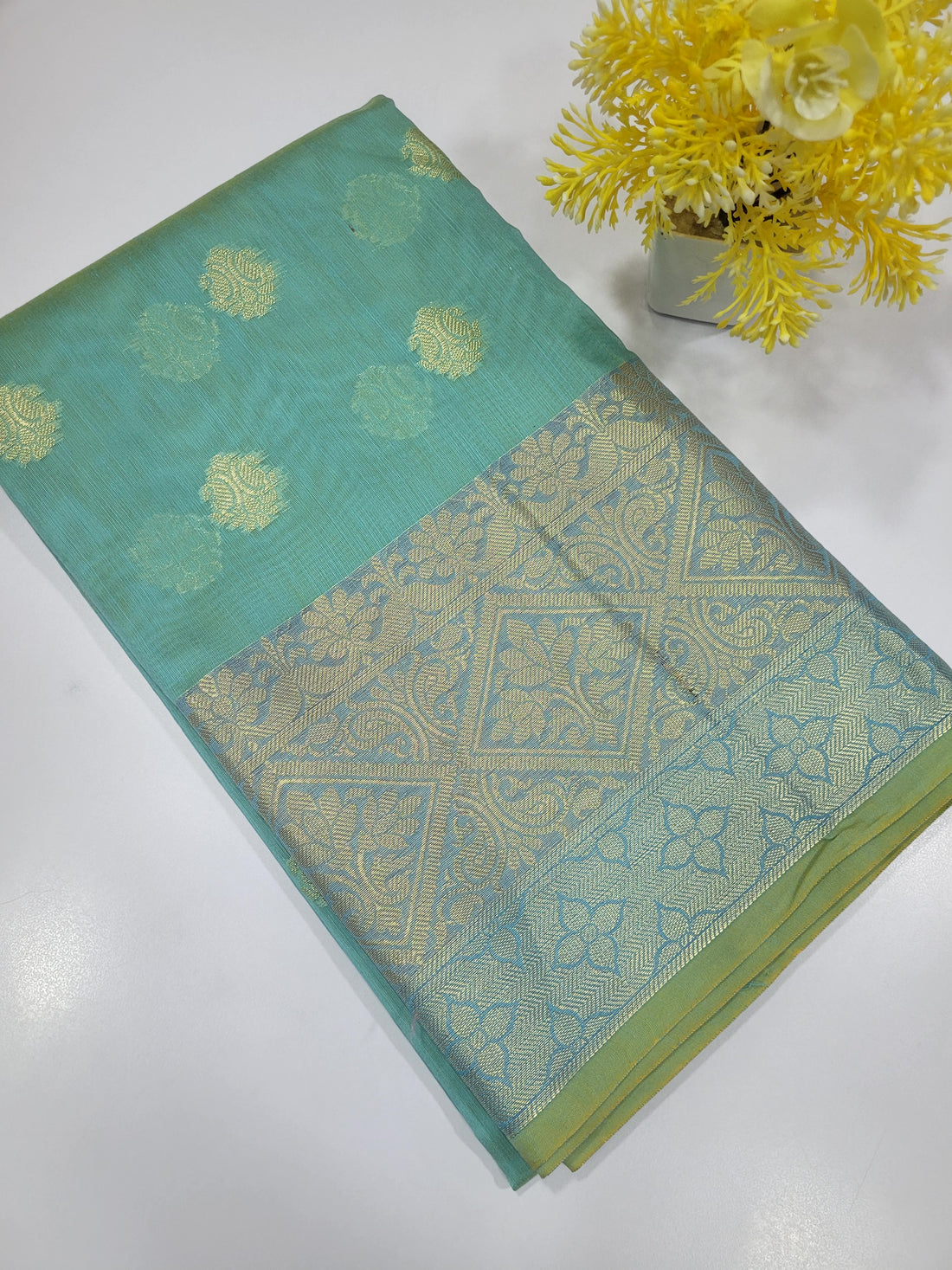 Dual Tone Sea Blue Handloom Silk Cotton Unstitched Salwar Set with Traditional Border & Brocade Shawl – 3PC Function Wear