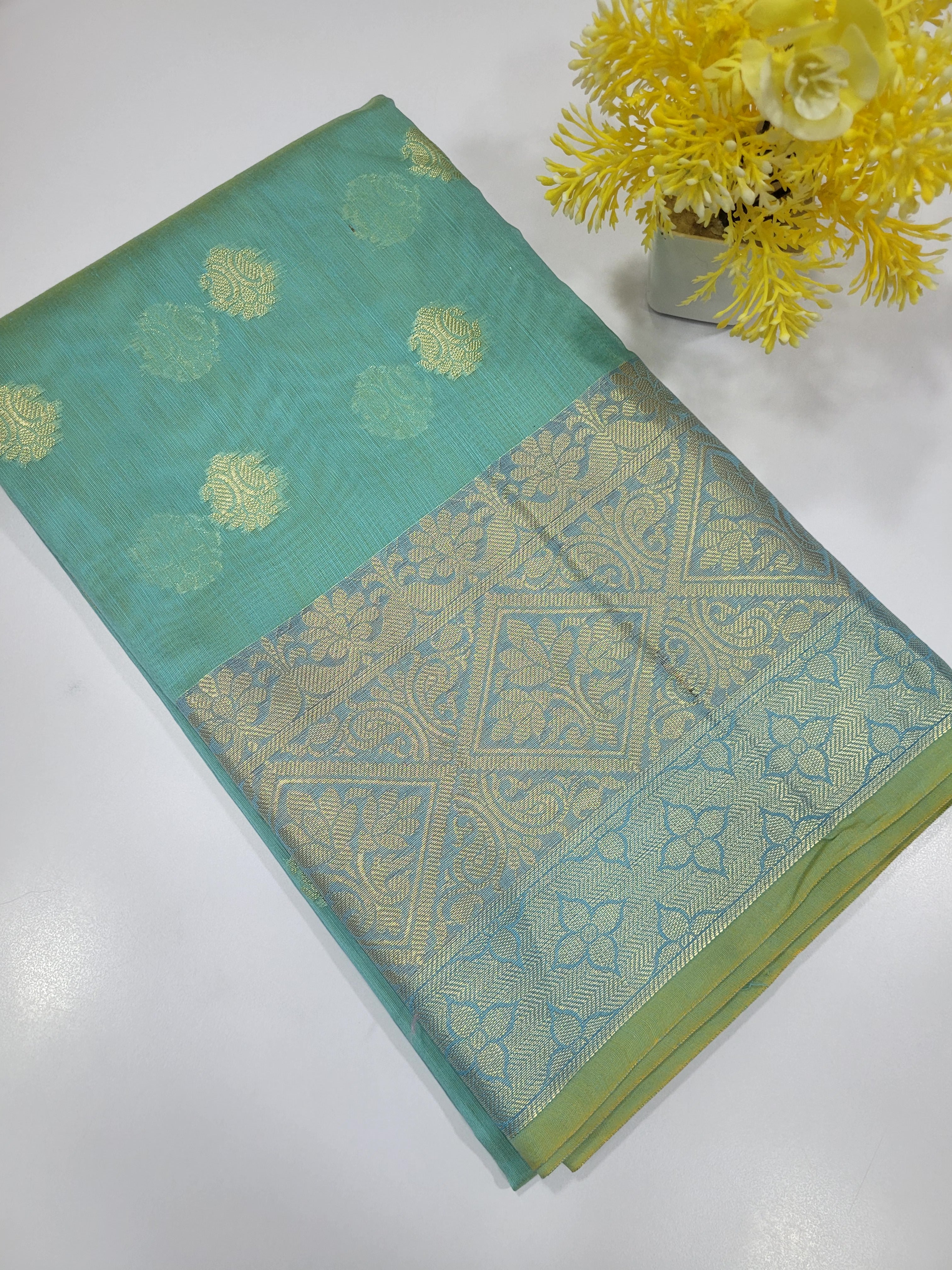 Dual Tone Sea Blue Handloom Silk Cotton Unstitched Salwar Set with Traditional Border & Brocade Shawl – 3PC Function Wear