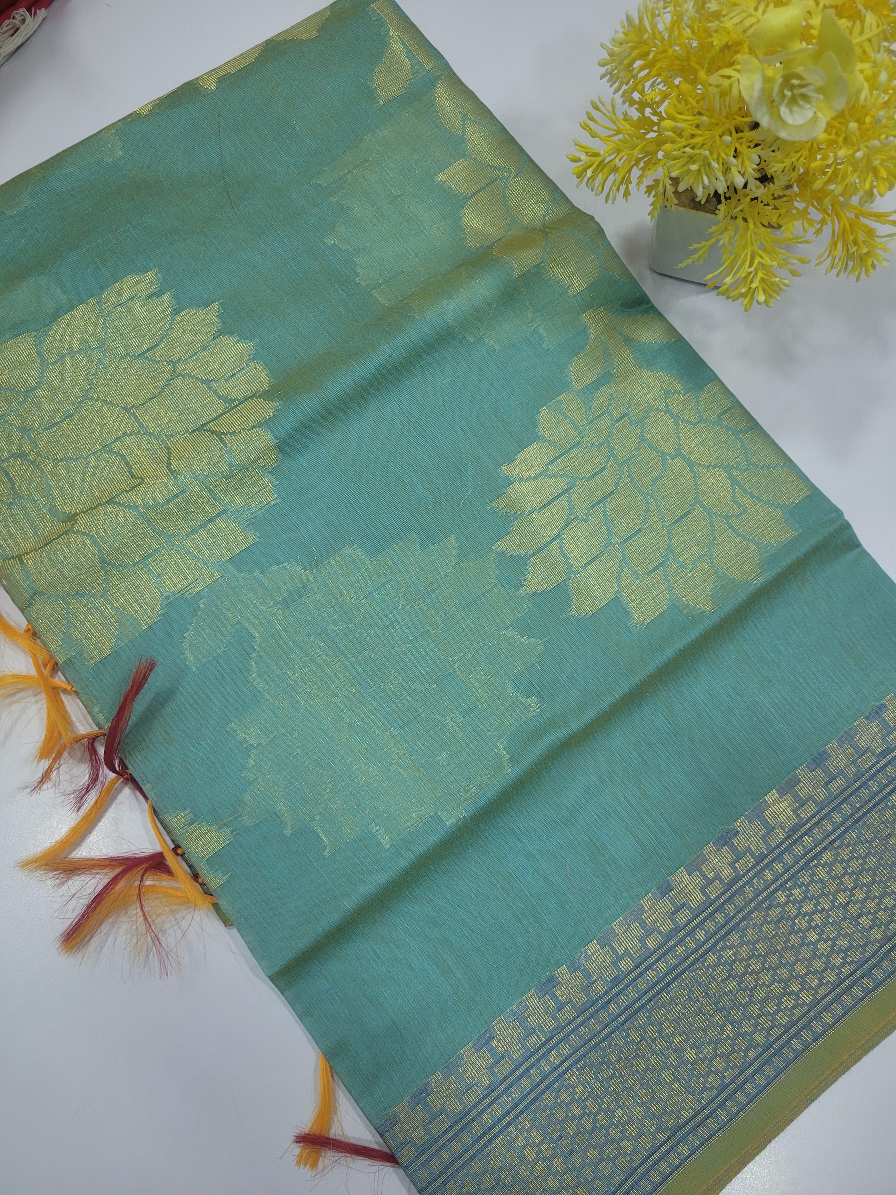Dual Tone Sea Blue Handloom Silk Cotton Unstitched Salwar Set with Traditional Border & Brocade Shawl – 3PC Function Wear