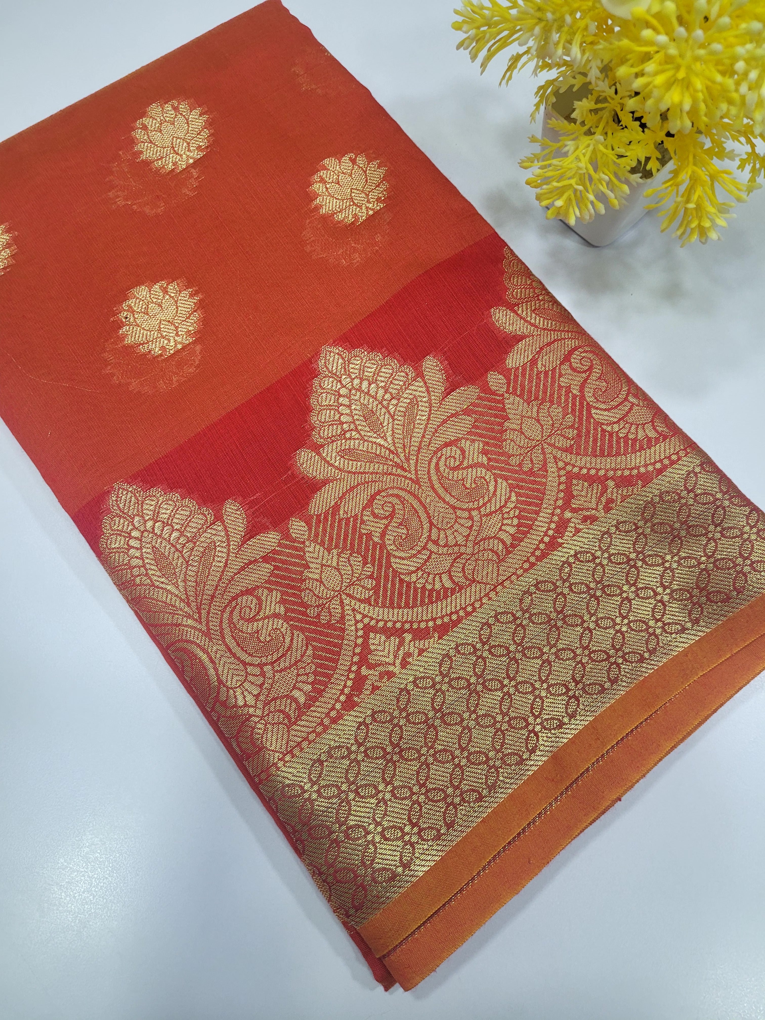 Orange Handloom Silk Cotton Unstitched Salwar Set with Brocade Shawl – 3PC Function Wear