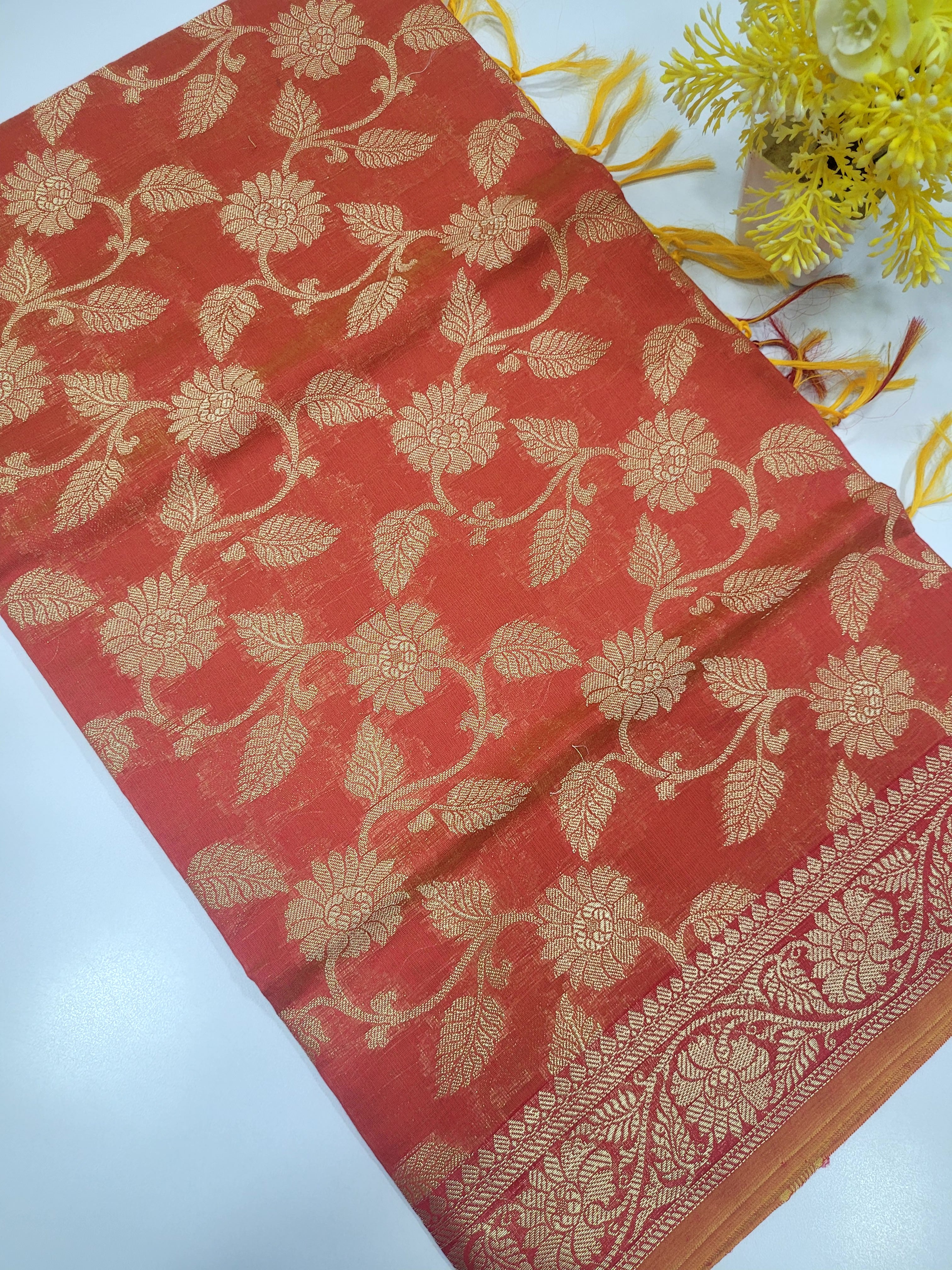 Orange Handloom Silk Cotton Unstitched Salwar Set with Brocade Shawl – 3PC Function Wear