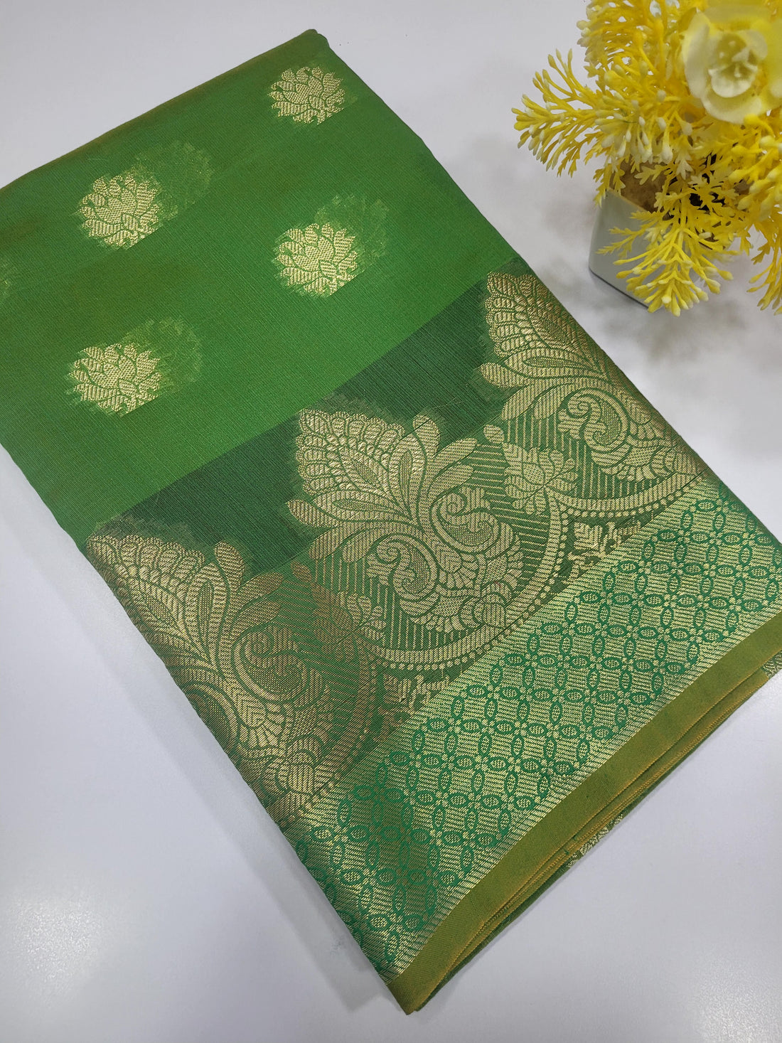 Elegant Green Handloom Silk Cotton Unstitched Salwar Set with Brocade Shawl – 3PC Function Wear