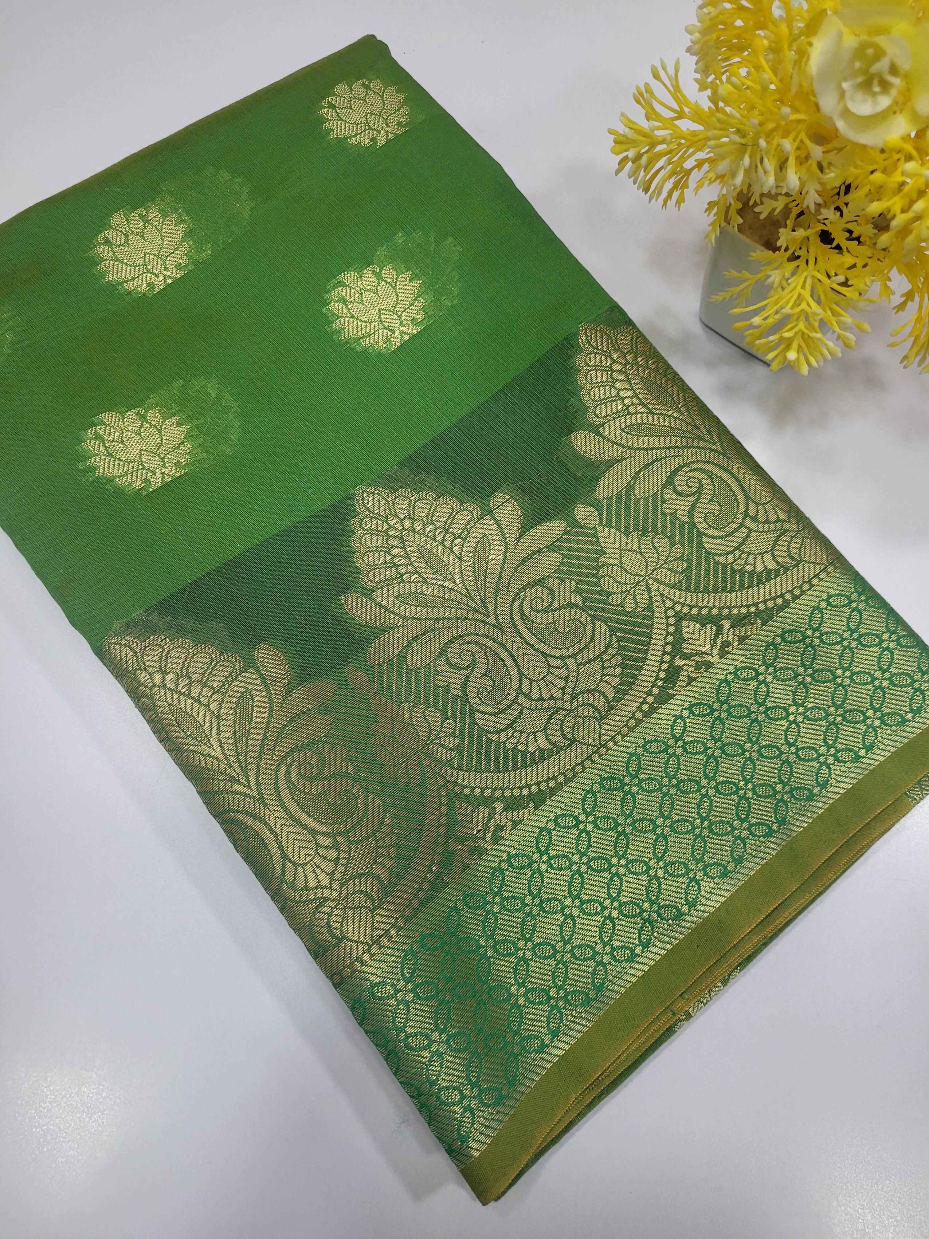 Elegant Green Handloom Silk Cotton Unstitched Salwar Set with Brocade Shawl – 3PC Function Wear