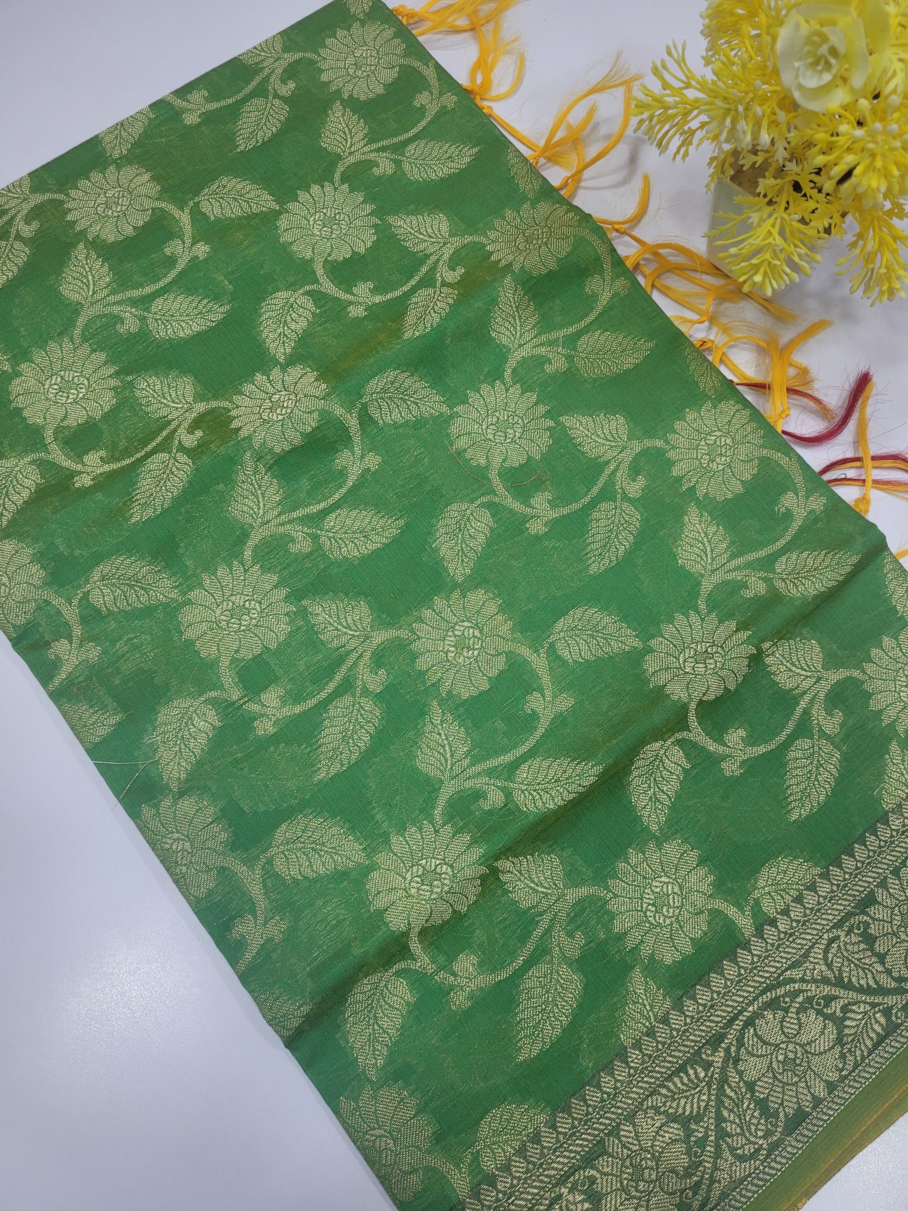 Elegant Green Handloom Silk Cotton Unstitched Salwar Set with Brocade Shawl – 3PC Function Wear