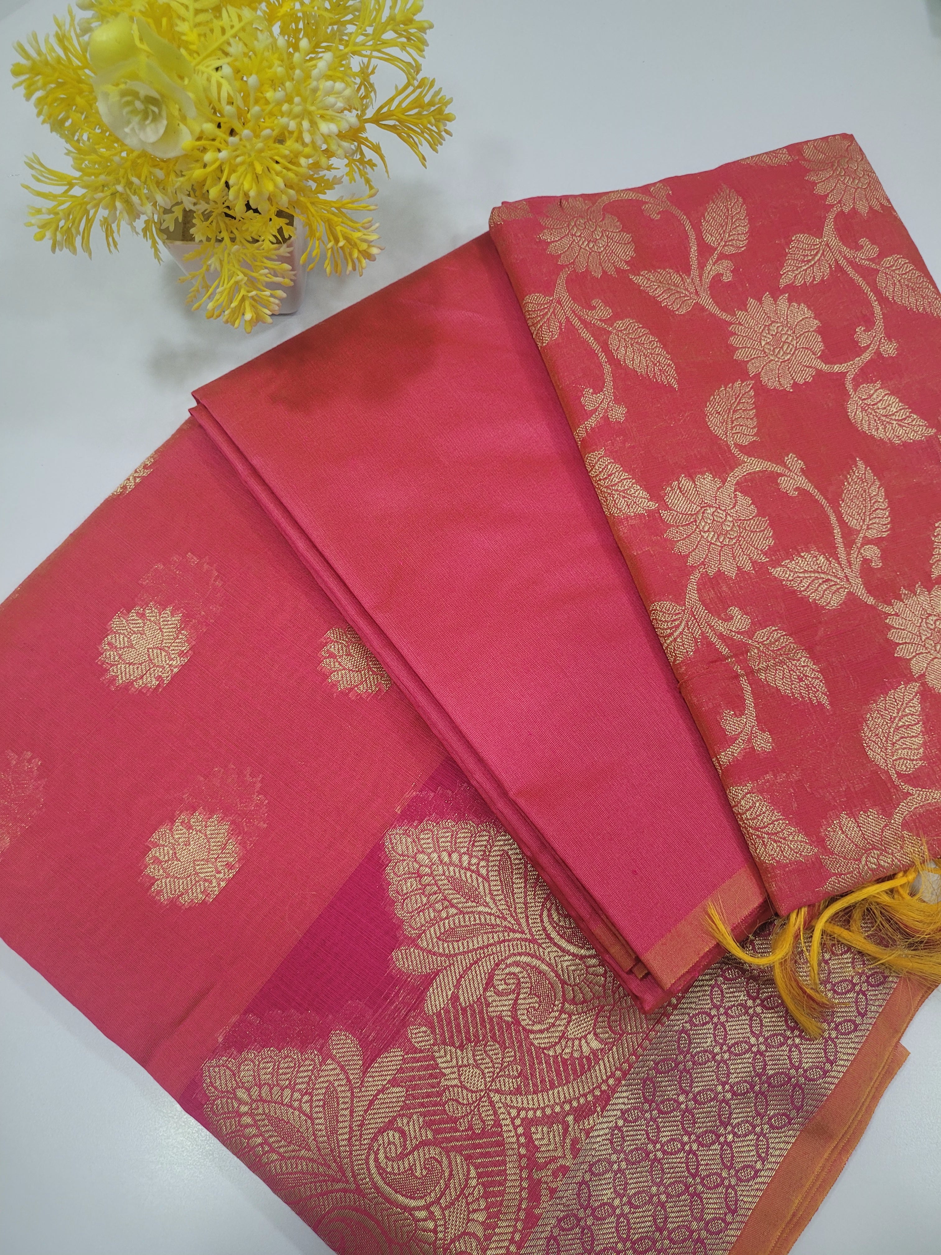 Dual Tone Orange Handloom Silk Cotton Unstitched Salwar Set with Brocade Shawl – 3PC Function Wear