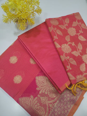 Dual Tone Orange Handloom Silk Cotton Unstitched Salwar Set with Brocade Shawl – 3PC Function Wear
