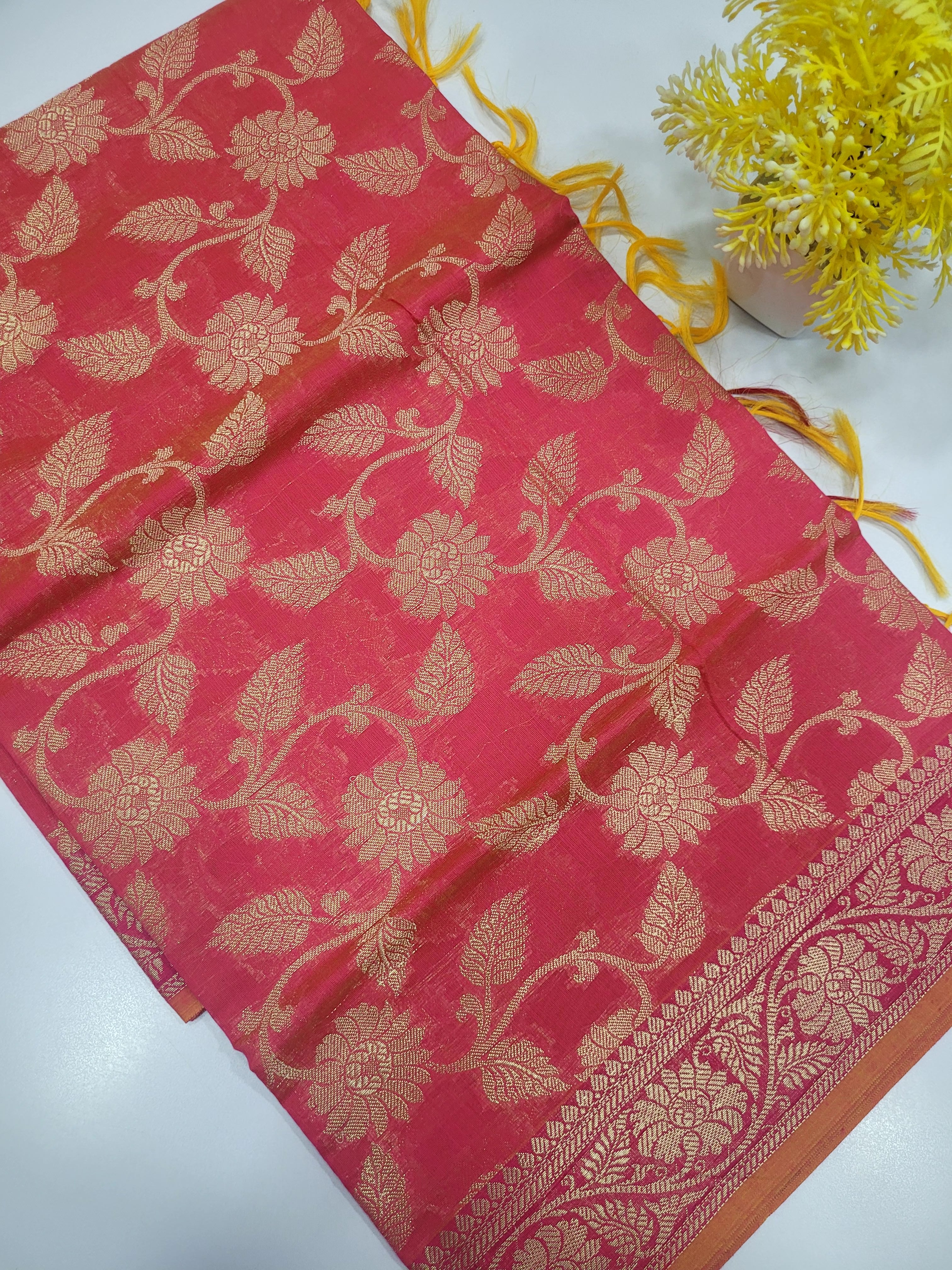 Dual Tone Orange Handloom Silk Cotton Unstitched Salwar Set with Brocade Shawl – 3PC Function Wear