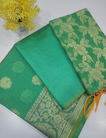 Classic Green Handloom Silk Cotton 3pc Salwar Set – Traditional Brocade Dupatta | Unstitched Fabric