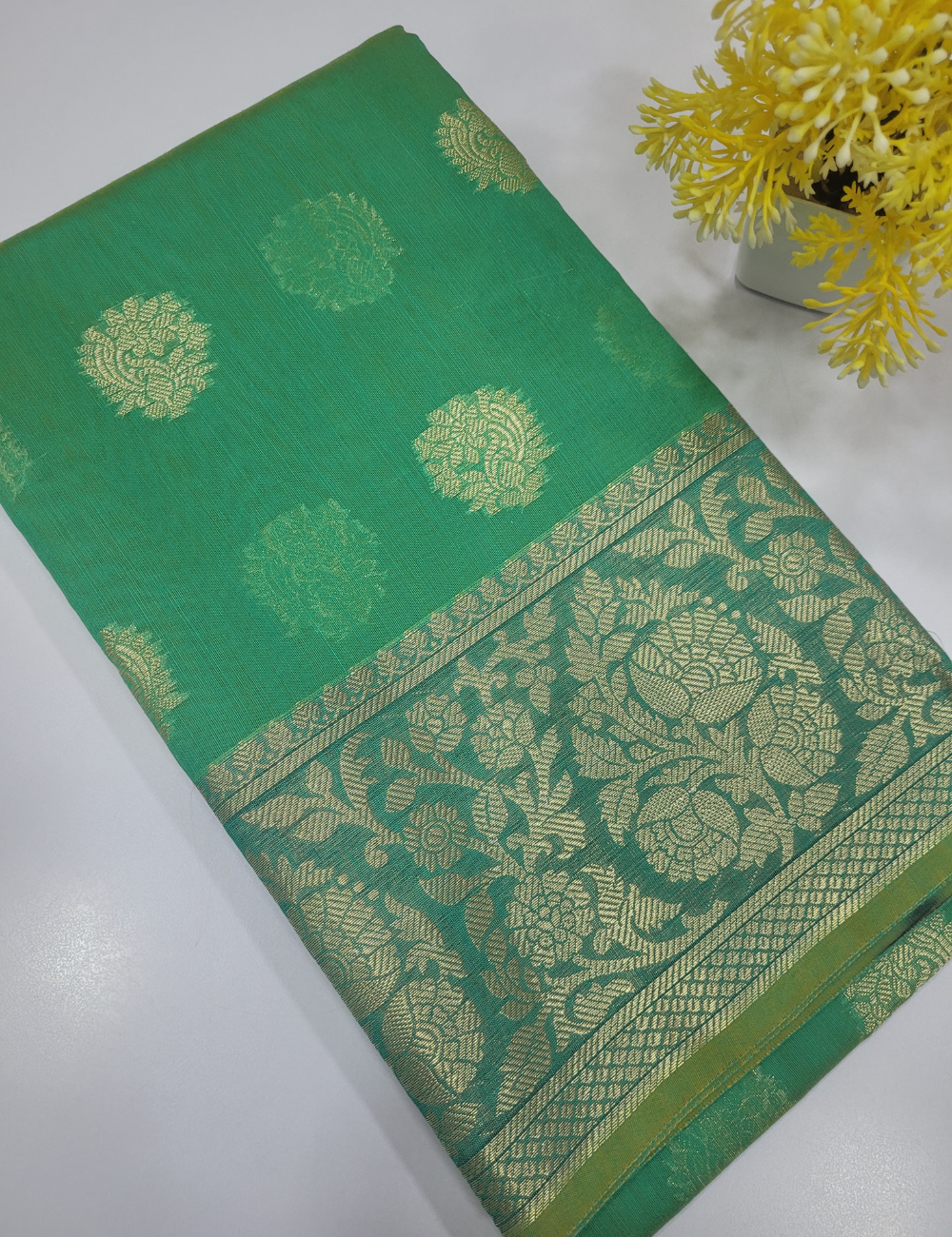 Classic Green Handloom Silk Cotton 3pc Salwar Set – Traditional Brocade Dupatta | Unstitched Fabric