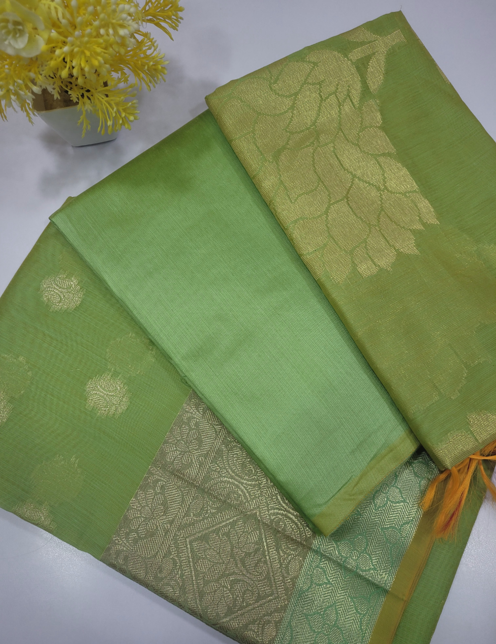 Parrot Green Handloom Silk Cotton 3pc Salwar Set – Traditional Brocade Dupatta | Unstitched Material