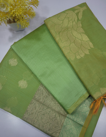 Parrot Green Handloom Silk Cotton 3pc Salwar Set – Traditional Brocade Dupatta | Unstitched Material