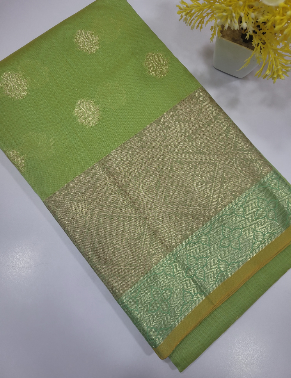 Parrot Green Handloom Silk Cotton 3pc Salwar Set – Traditional Brocade Dupatta | Unstitched Material