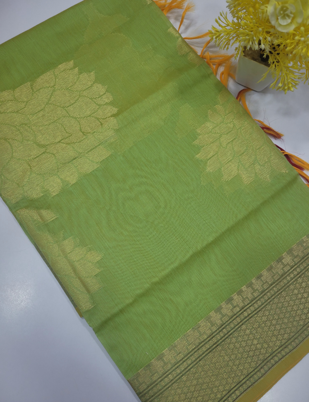 Parrot Green Handloom Silk Cotton 3pc Salwar Set – Traditional Brocade Dupatta | Unstitched Material