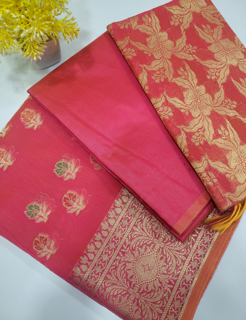 Orangish Pink Dual Tone Handloom Silk Cotton 3pc Salwar Set – Brocade Dupatta | Unstitched Dress Material