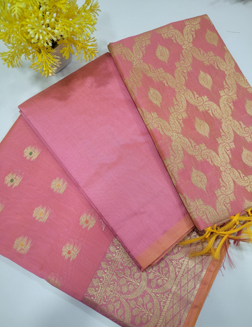 Baby Pink Handloom Silk Cotton 3pc Salwar Set – Soft Brocade Dupatta | Unstitched Fabric