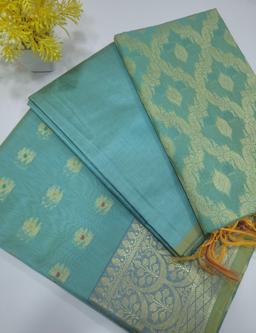 Sea Blue Handloom Silk Cotton 3pc Salwar Set – Zari Brocade Dupatta | Unstitched Material
