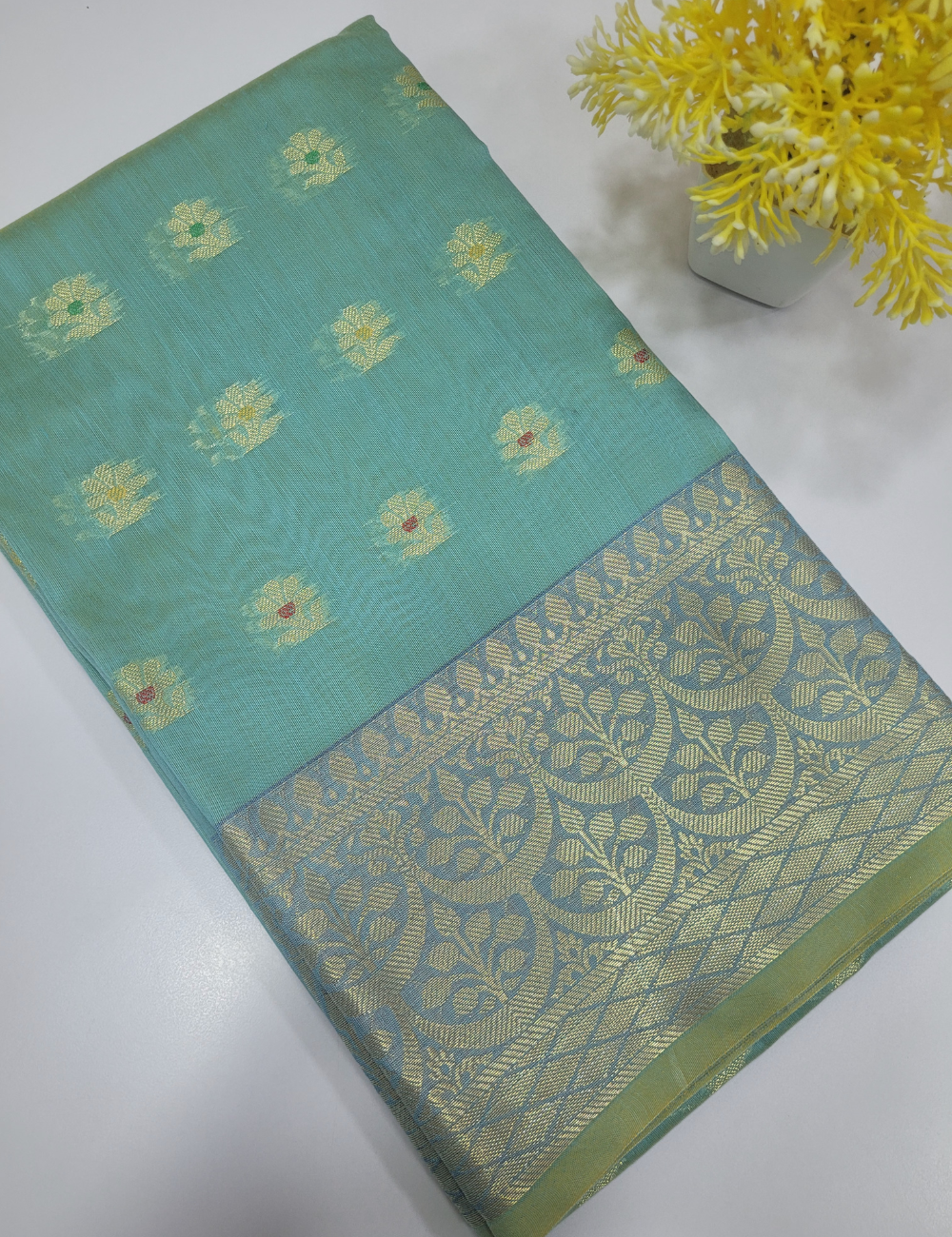 Sea Blue Handloom Silk Cotton 3pc Salwar Set – Zari Brocade Dupatta | Unstitched Material