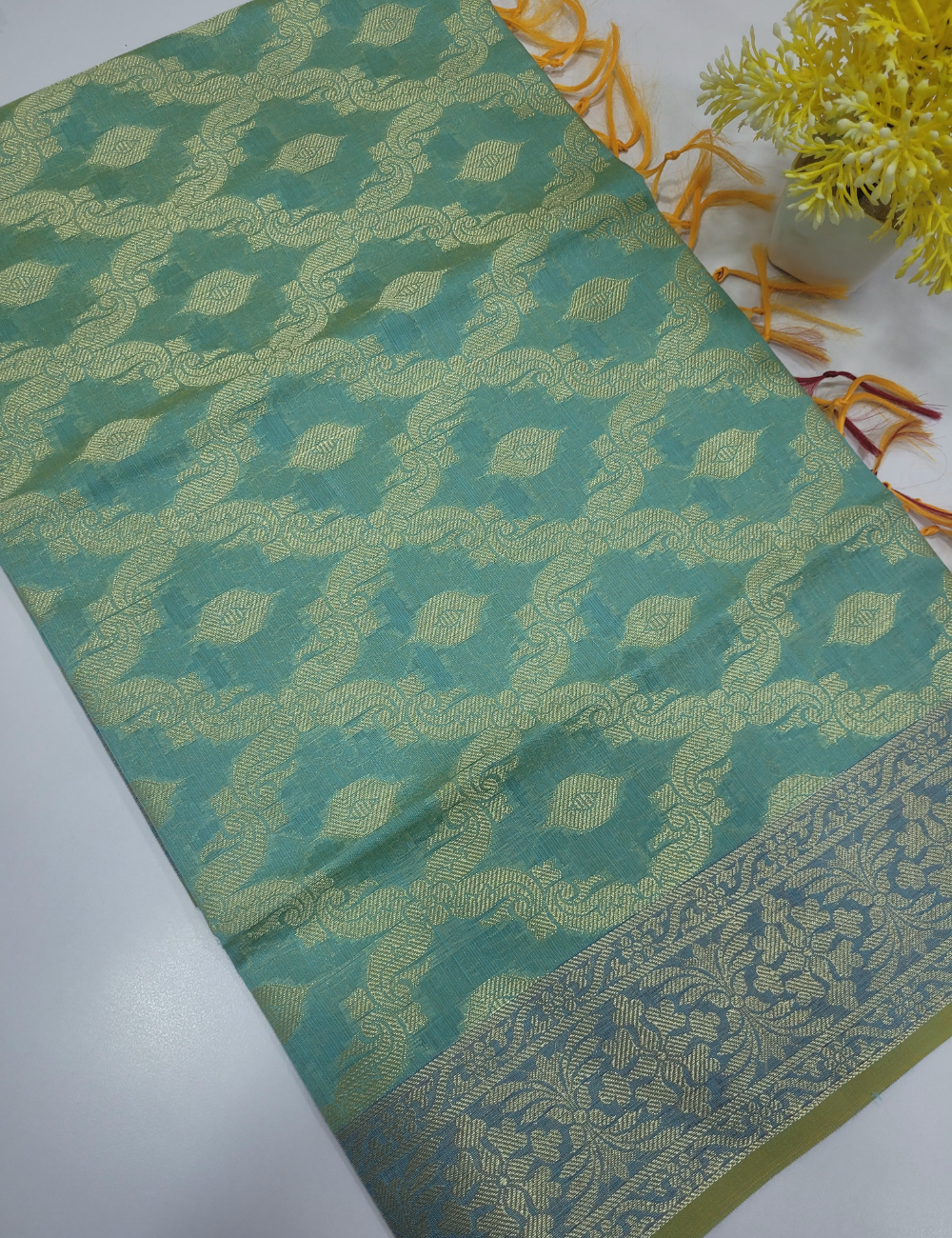 Sea Blue Handloom Silk Cotton 3pc Salwar Set – Zari Brocade Dupatta | Unstitched Material