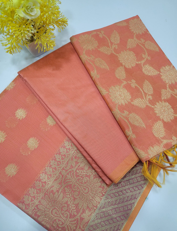 Peach Colour Handloom Silk Cotton 3pc Salwar Set – Rich Brocade Dupatta | Unstitched Fabric
