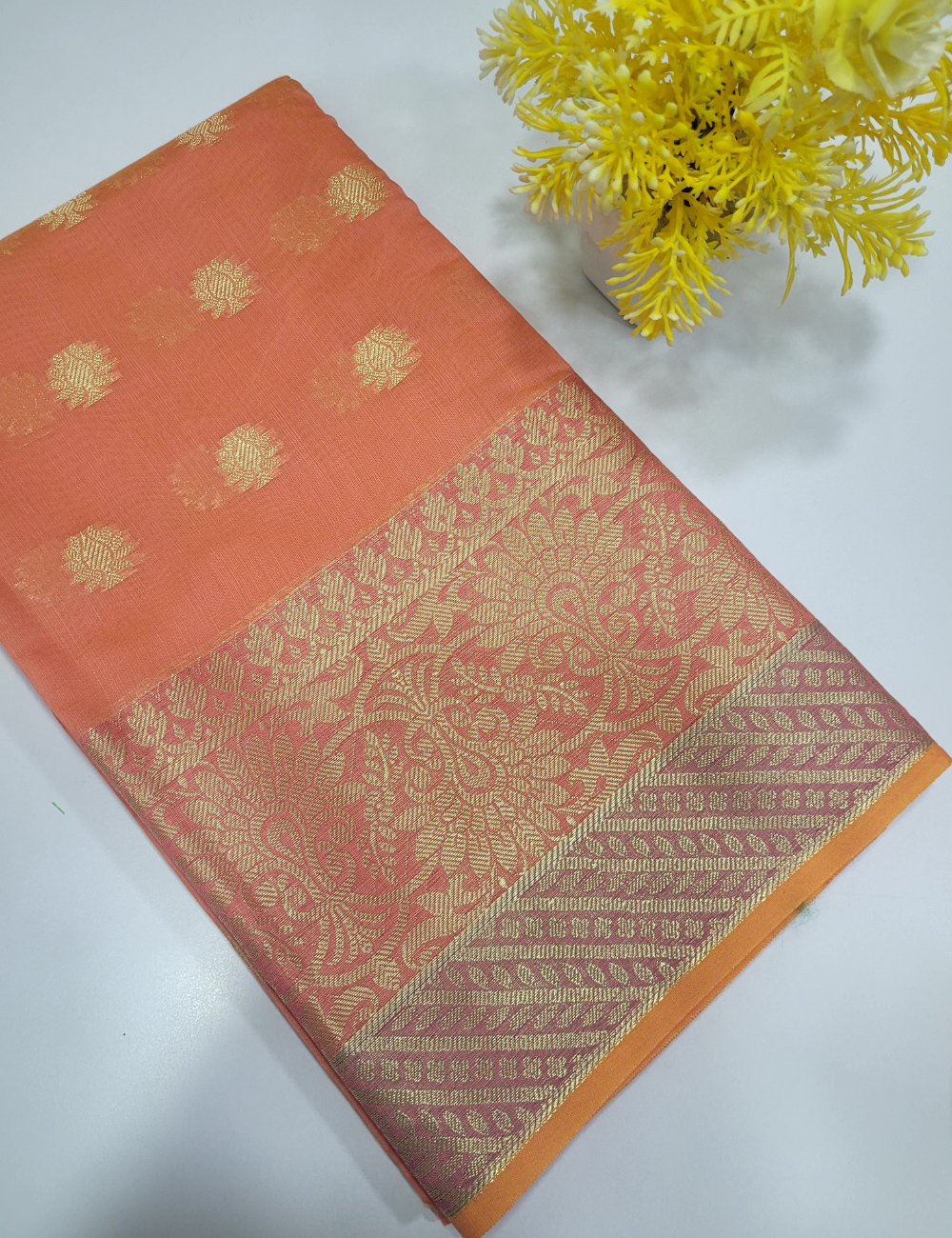Peach Colour Handloom Silk Cotton 3pc Salwar Set – Rich Brocade Dupatta | Unstitched Fabric