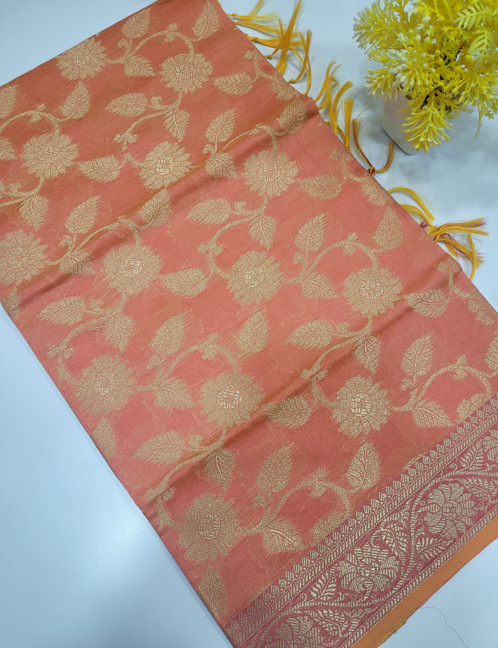 Peach Colour Handloom Silk Cotton 3pc Salwar Set – Rich Brocade Dupatta | Unstitched Fabric