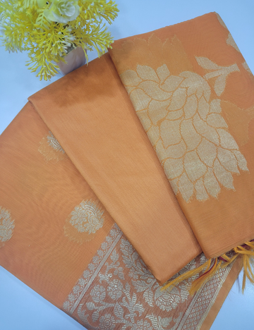 Vibrant Orange Handloom Silk Cotton 3pc Salwar Set – Brocade Dupatta | Unstitched Fabric