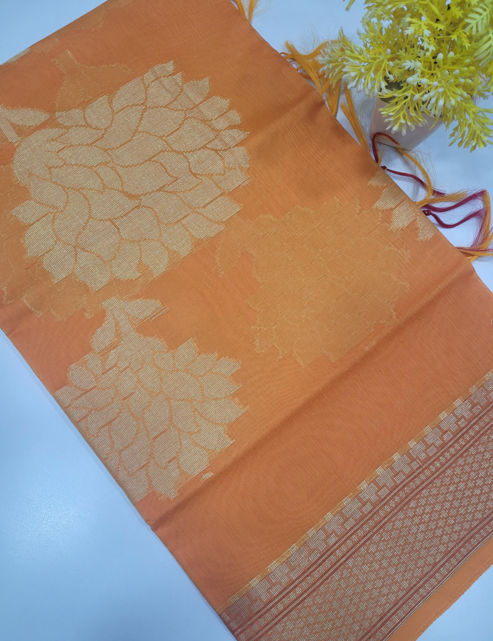 Vibrant Orange Handloom Silk Cotton 3pc Salwar Set – Brocade Dupatta | Unstitched Fabric