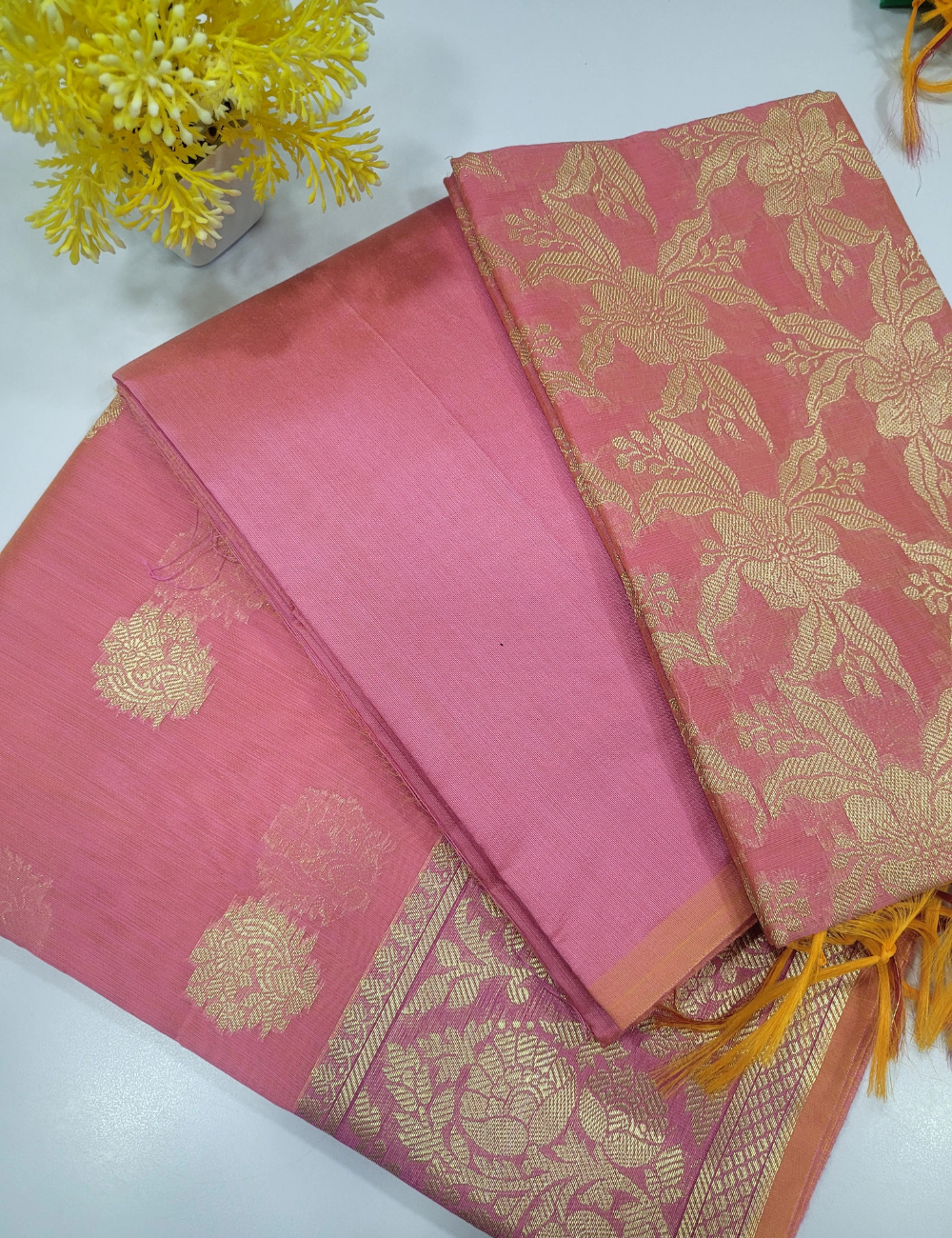 Lotus Pink Handloom Silk Cotton 3pc Salwar Set – Elegant Brocade Dupatta | Unstitched Fabric