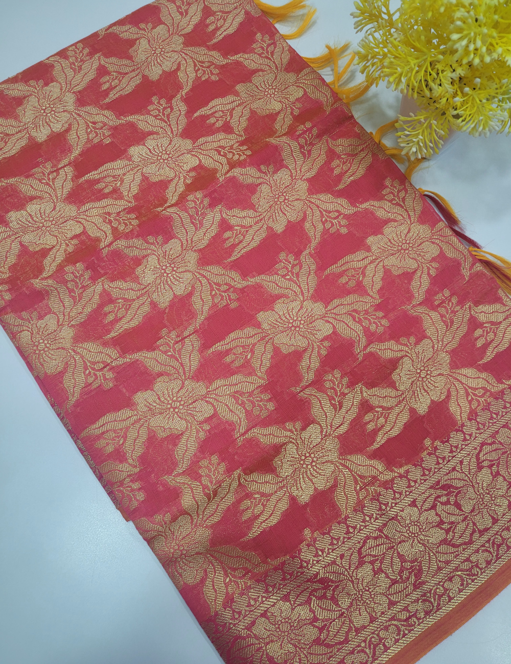 Orangish Pink Dual Tone Handloom Silk Cotton 3pc Salwar Set – Brocade Dupatta | Unstitched Dress Material