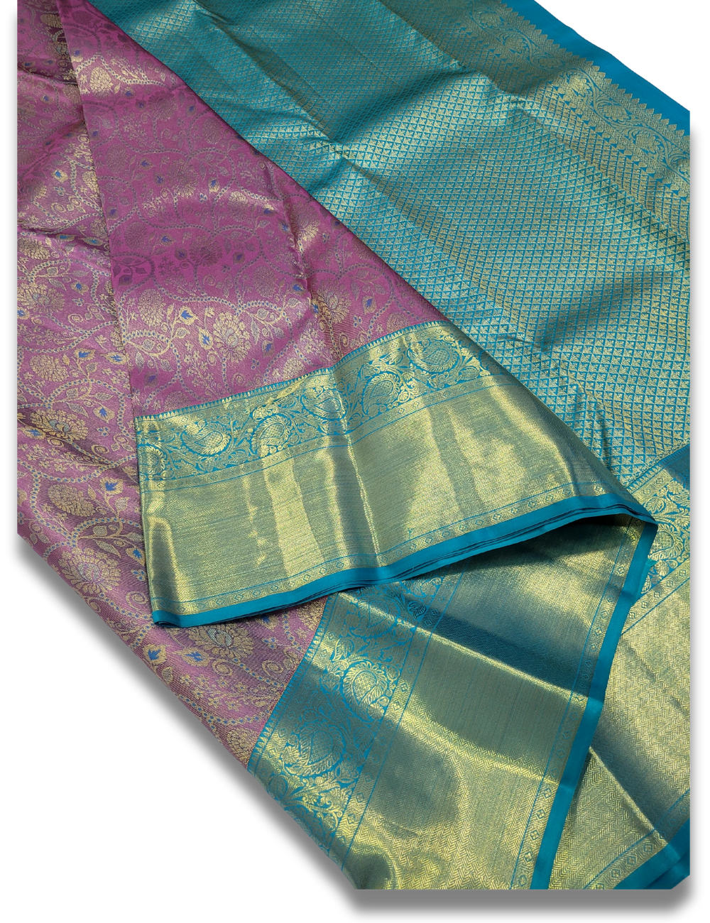 Elegant Pastel Lavender & Sea Blue Kanchipuram Bridal Silk Saree