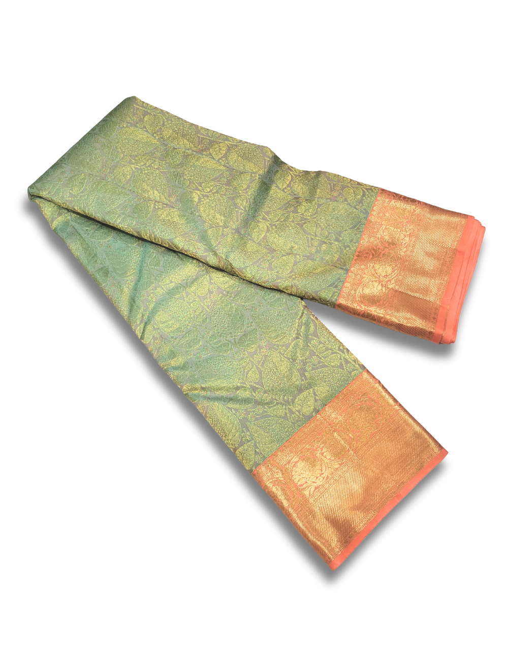 Mangai Glow – Light Green & Orange Handloom Pure Silk Bridal Saree