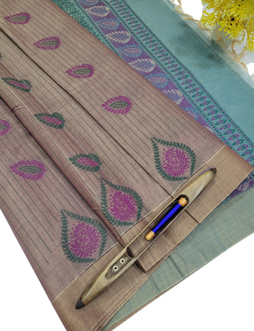 Light Brown Pure Cotton Saree with Beige Border, Sea Blue Rich Pallu & Plain Blouse