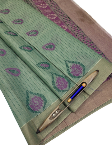 Pista Green Pure Cotton Saree with Maroon Contrast Border, Lavender Rich Pallu & Plain Blouse
