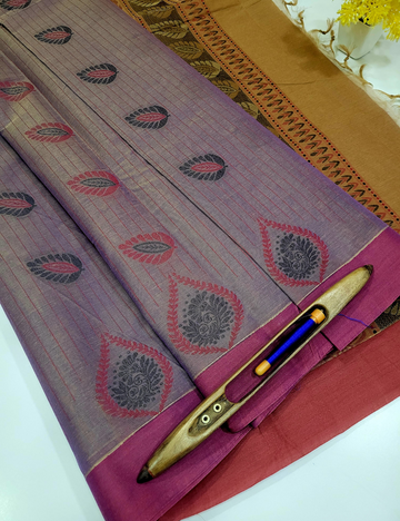 Lavender Pure Cotton Saree with Meena Butta, Wooden Contrast Border & Rich Pallu