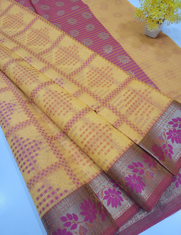 Yellow Kotta Cotton Saree with Self Design & Meena Border