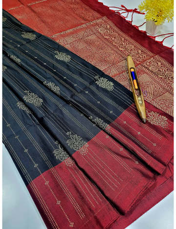 Dubion Black Semi Soft Silk Saree with Maroon Contrast Border