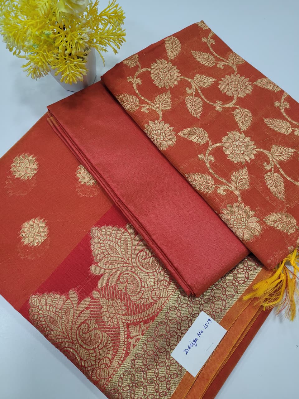 Orange Handloom Silk Cotton Unstitched Salwar Set with Brocade Shawl – 3PC Function Wear
