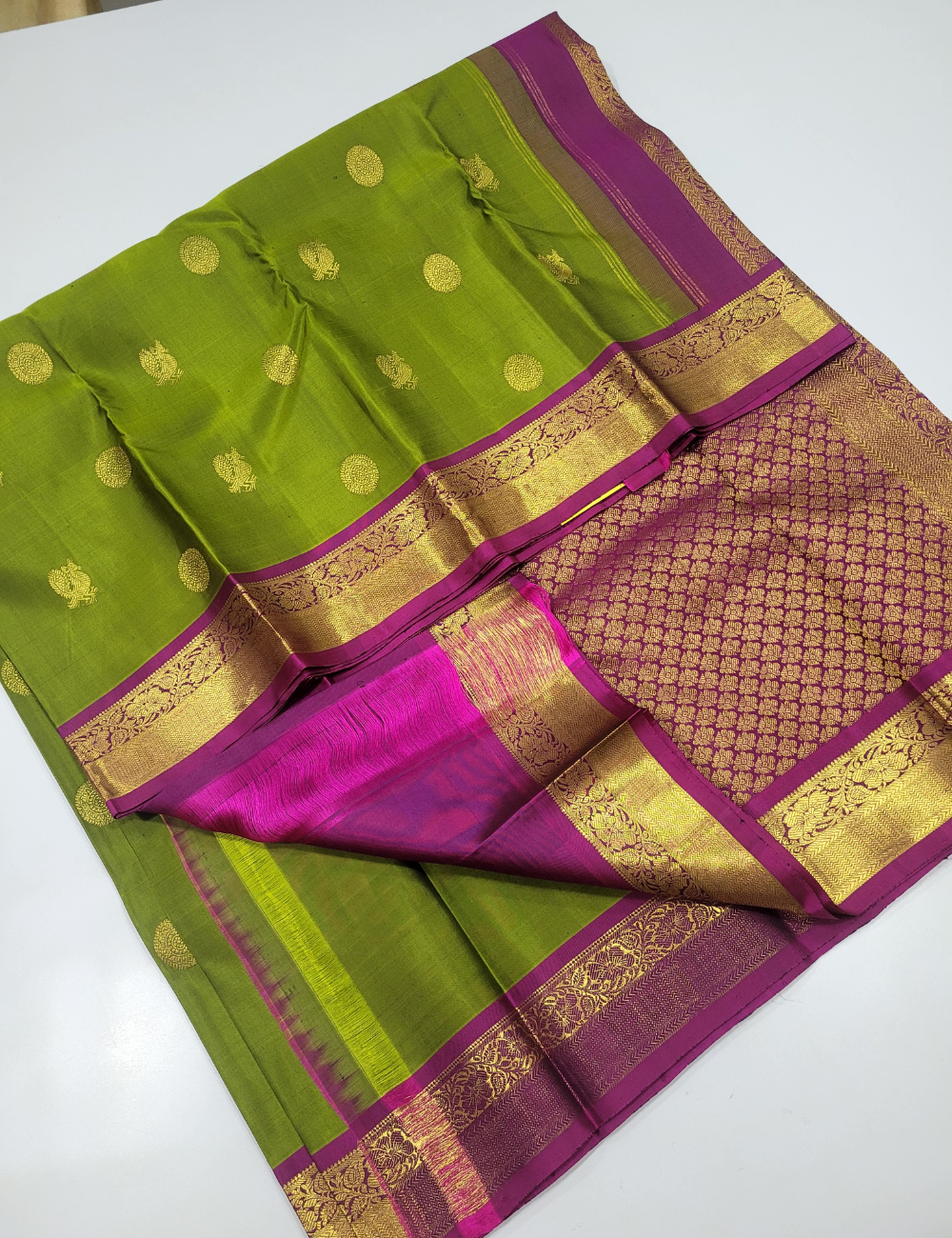 Enchanting Green with Royal Purple – Handloom Kanchi Pure Silk Saree