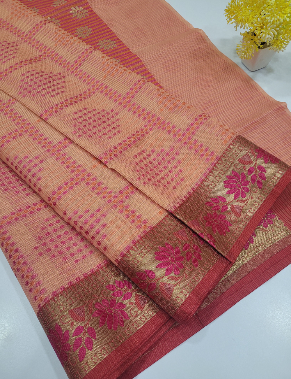 Light Pink Kotta Cotton Saree with Self Design & Meena Border