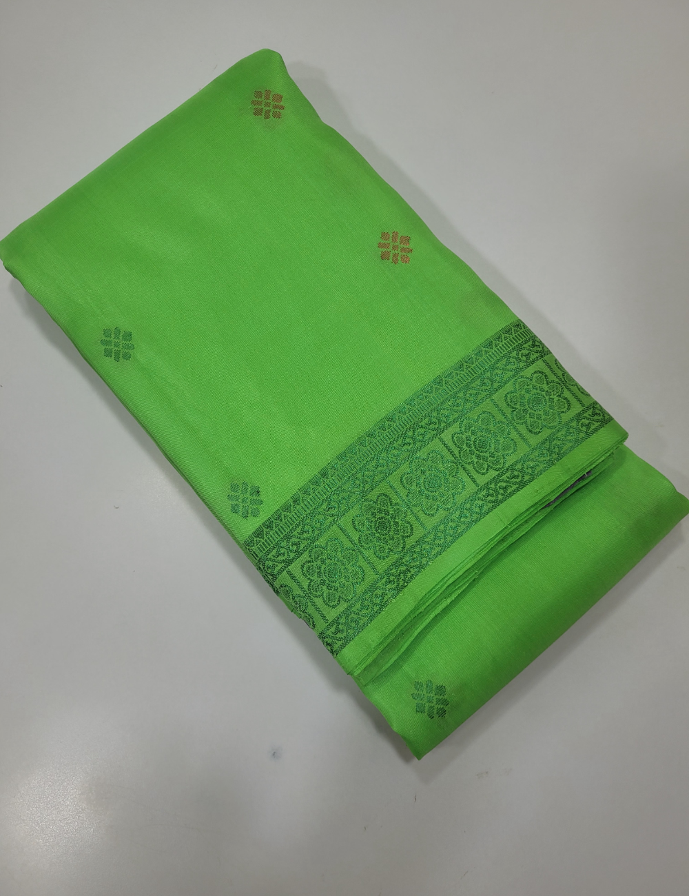 Parrot Green Soft Silk Saree with Purple Kanchi Border