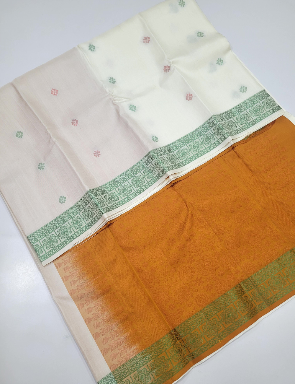 Elegant White & Mustard Handloom Soft Silk Saree with Kanchi Border