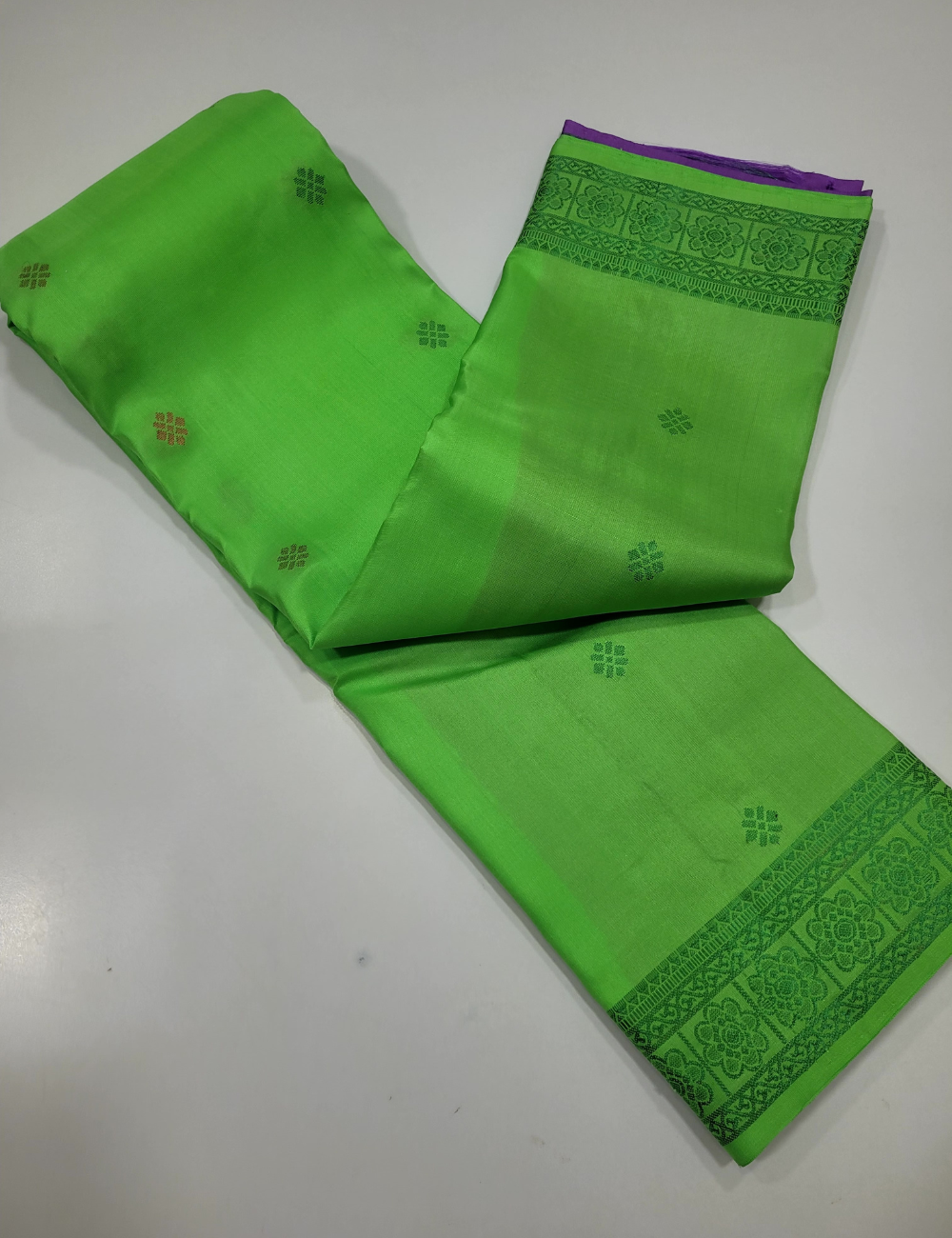 Parrot Green Soft Silk Saree with Purple Kanchi Border